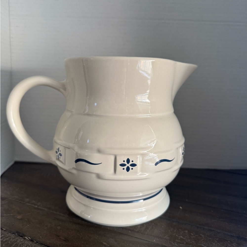 Longaberger Cream Ceramic Pitcher with Blue Accents
